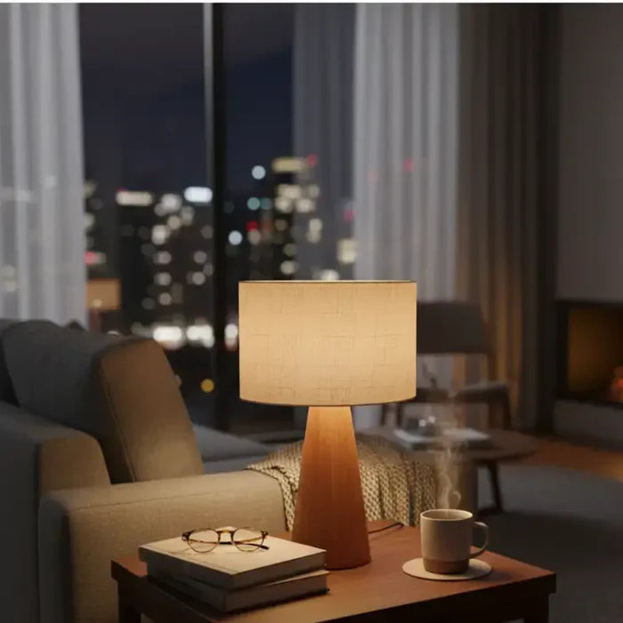 Abajur de Mesa Wooden Cúpula de Linho - Casas Gael