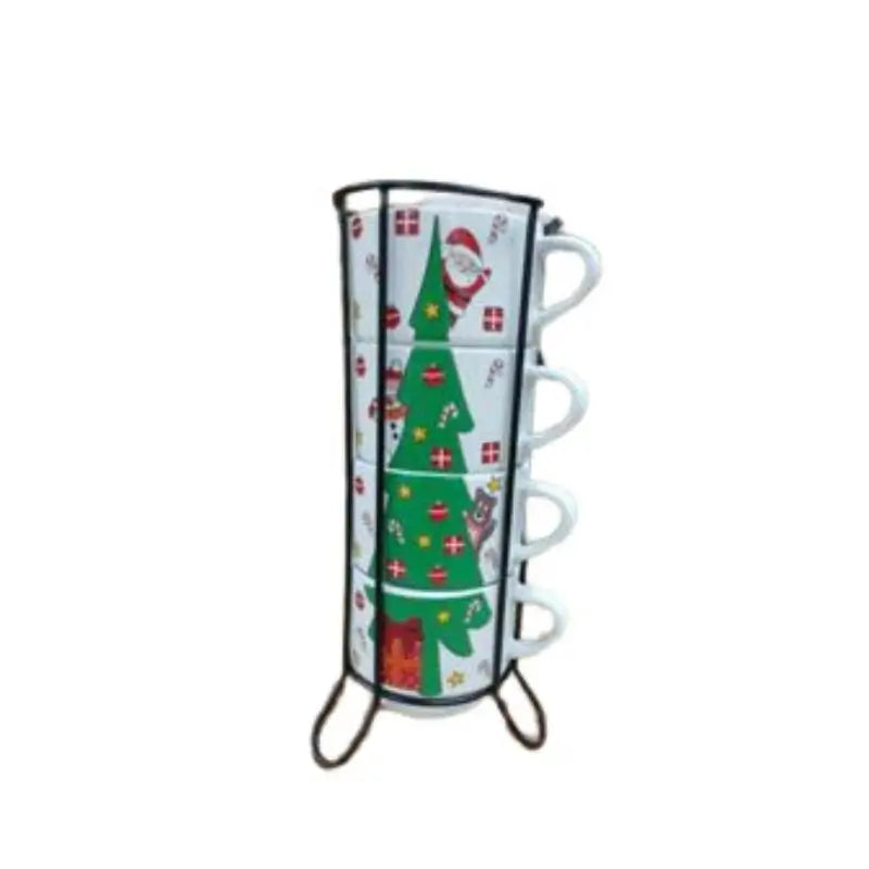 Jogo 4 Xícaras de Porcelana Natalinas com Suporte - Casas Gael