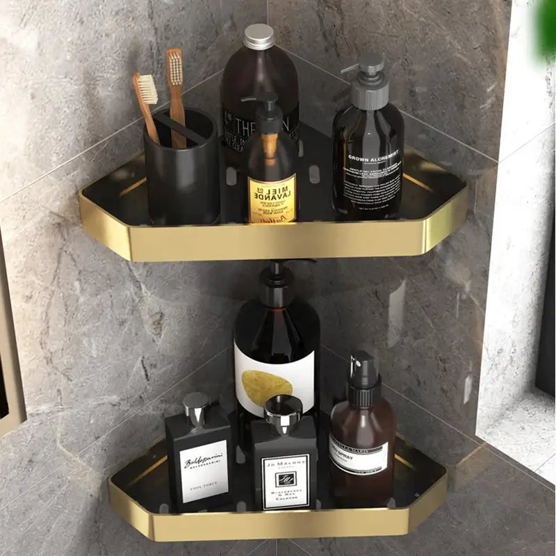 Kit 2 Prateleiras para Banheiro Preto e Dourado em Alumínio - Casas Gael