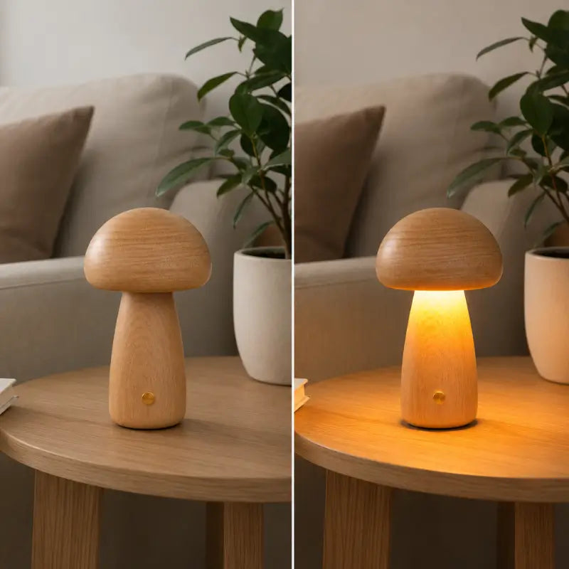 Luminária Decorativa para Mesa Cogumelo Madeira 3 Tons de Luz - Casas Gael