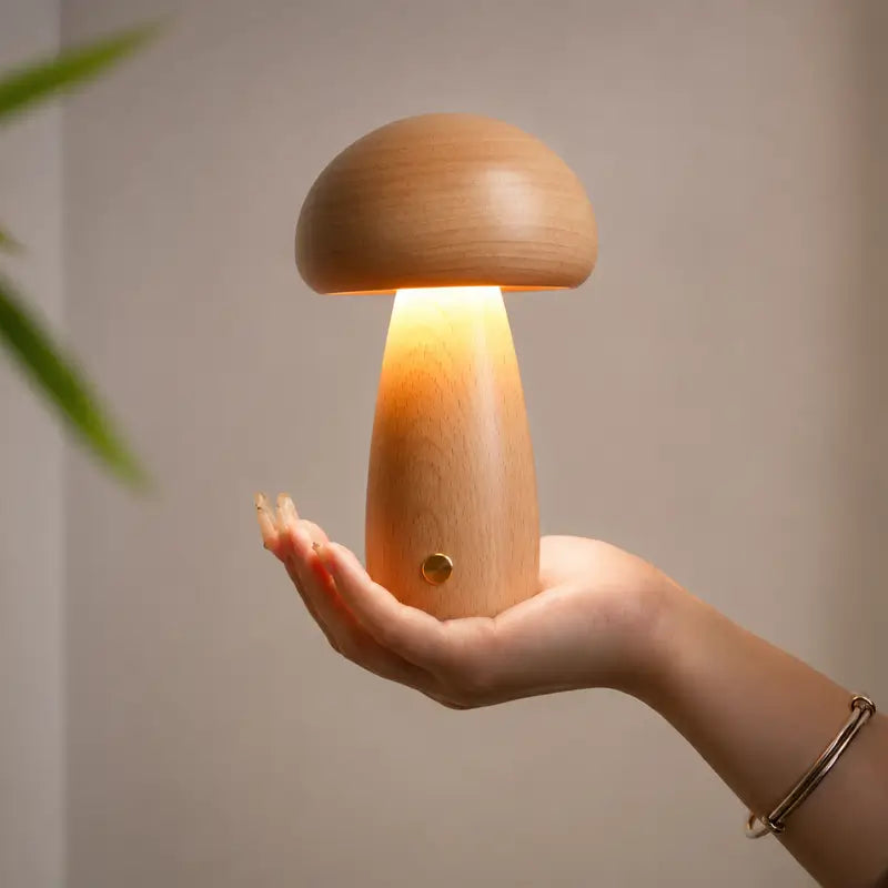 Luminária Decorativa para Mesa Cogumelo Madeira 3 Tons de Luz - Casas Gael
