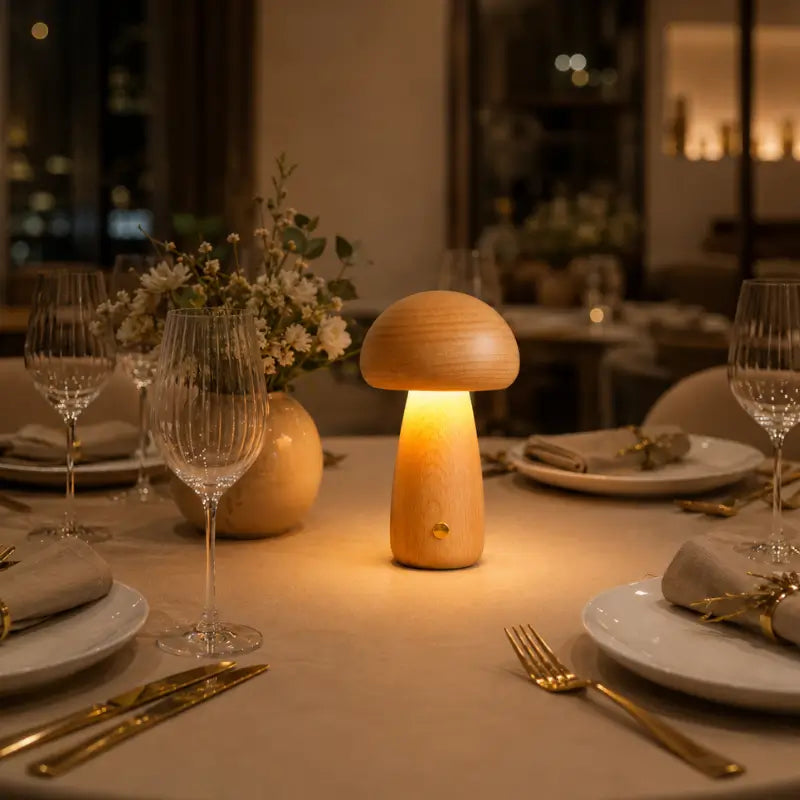 Luminária Decorativa para Mesa Cogumelo Madeira 3 Tons de Luz - Casas Gael