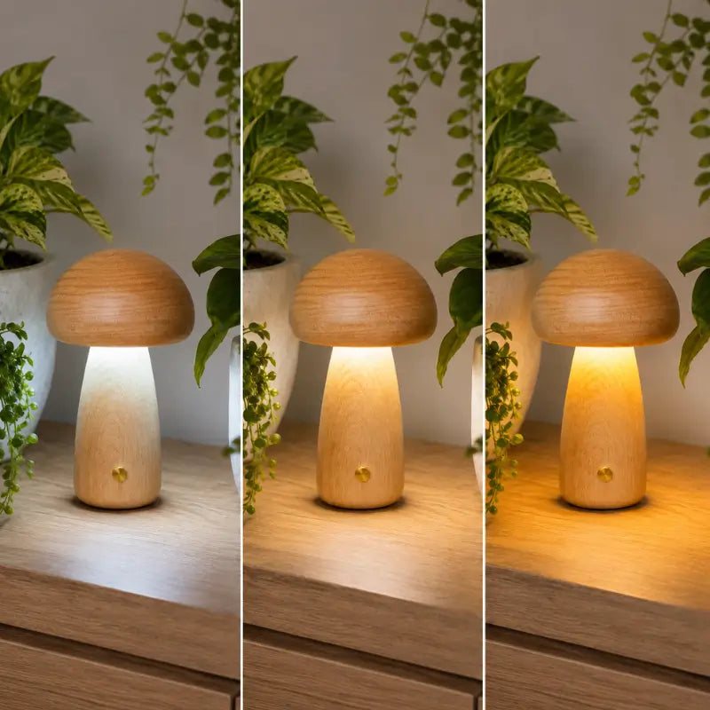 Luminária Decorativa para Mesa Cogumelo Madeira 3 Tons de Luz - Casas Gael