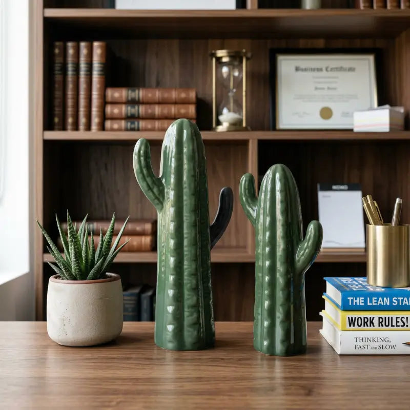 Estatueta Par de Cactos Decorativos Em Cerâmica