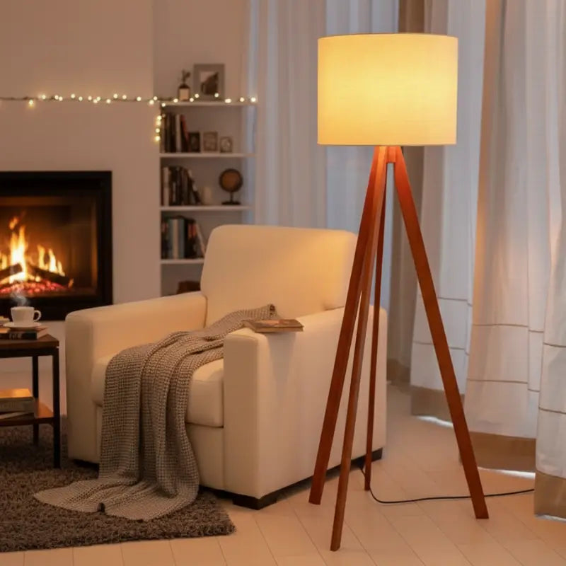 Luminária de Chão com Tripé em Madeira e Linho - Casas Gael