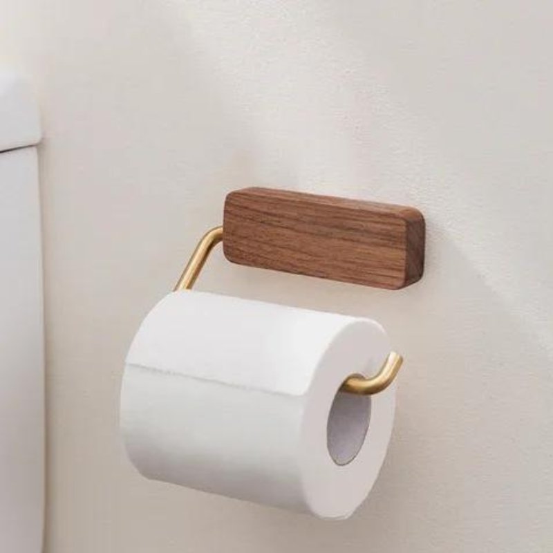 Suporte de Papel Higiênico Madeira e Metal Dourado - Casas Gael