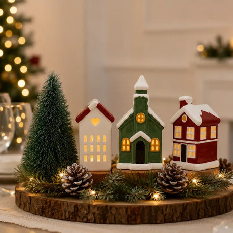 Decoração de Natal Vila de Cerâmica com 3 Casas com Led - Casas Gael
