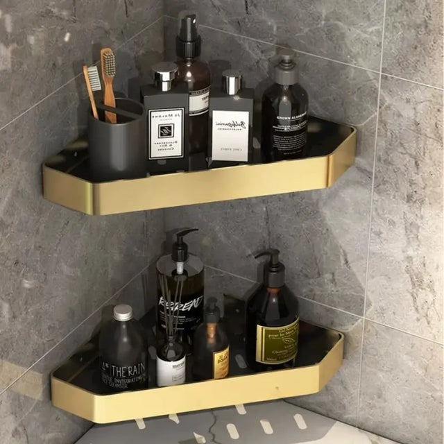 Kit 2 Prateleiras para Banheiro Preto e Dourado em Alumínio - Casas Gael