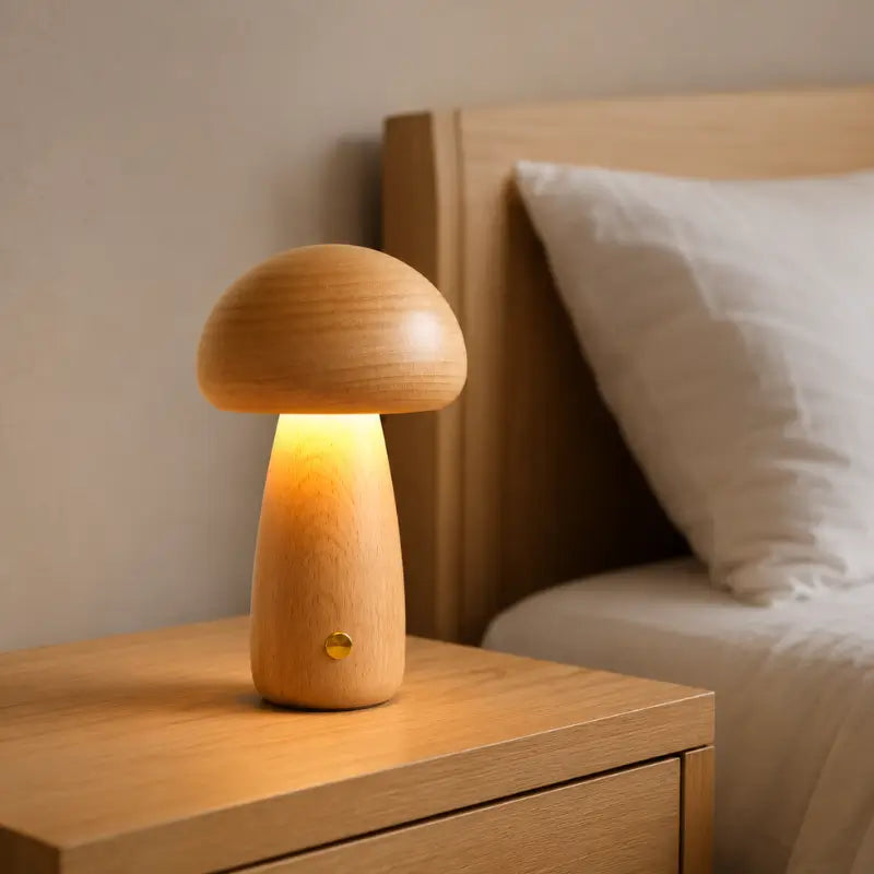 Luminária Decorativa para Mesa Cogumelo Madeira 3 Tons de Luz