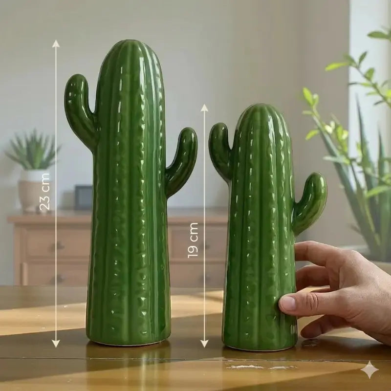 Estatueta Par de Cactos Decorativos Em Cerâmica