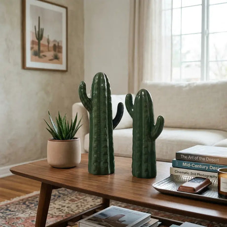 Estatueta Par de Cactos Decorativos Em Cerâmica