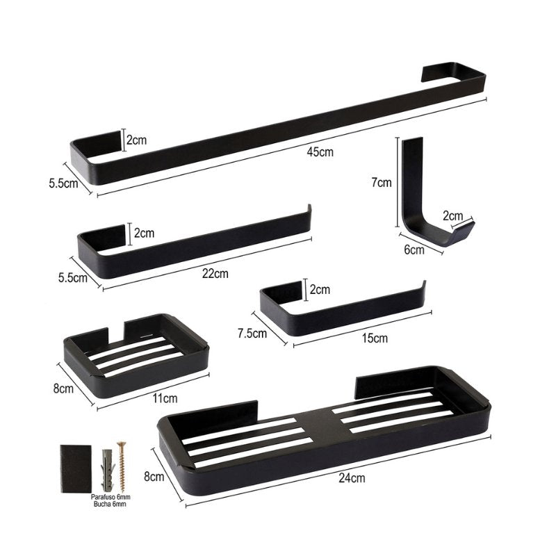 Kit Acessórios Para Banheiro Preto 6 Peças Aço Inox - Casas Gael