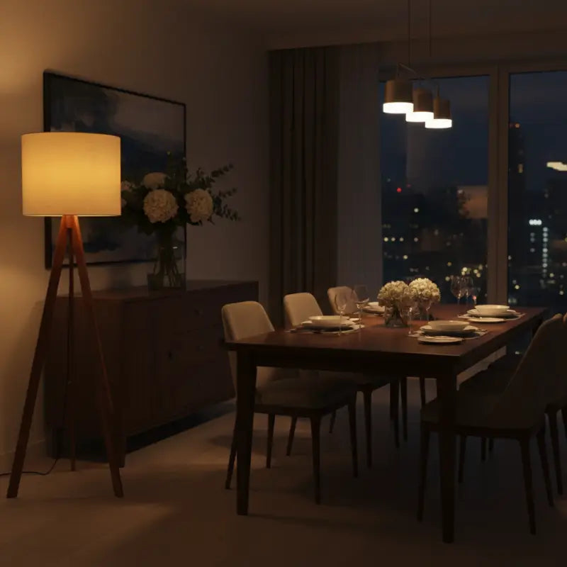 Luminária de Chão com Tripé em Madeira e Linho - Casas Gael