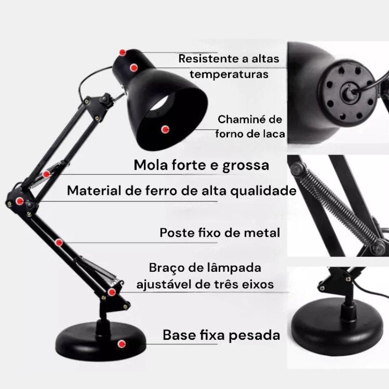 Luminária de Mesa Escritório Articulada Com Fixador de Mesa - Casas Gael