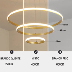 Lustre LED 3 Anéis pendentes 220V - Dimerizável para Sala de Estar e Jantar - Casas Gael