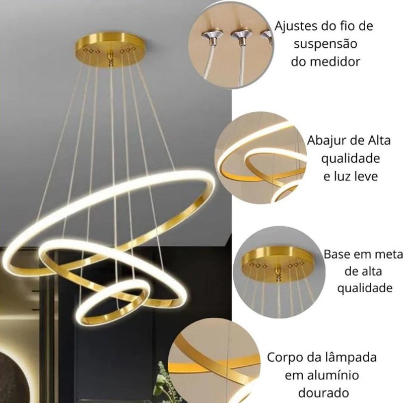 Lustre LED 3 Anéis pendentes 220V - Dimerizável para Sala de Estar e Jantar - Casas Gael