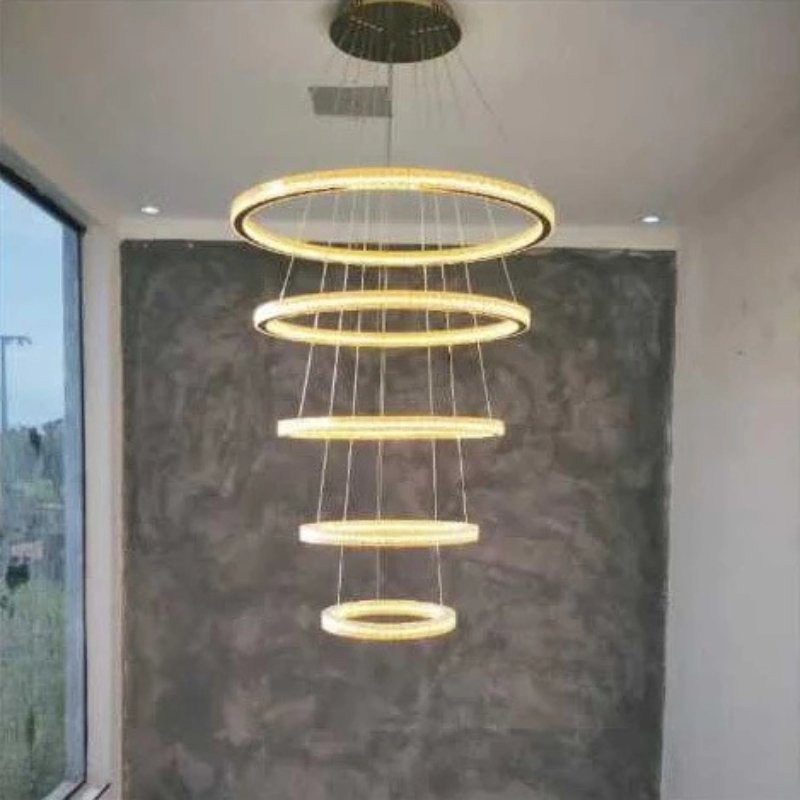 Lustre Pendente 5 Anéis LED Dourado 96W Bivolt - Casas Gael