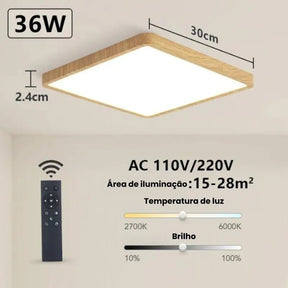 OUTLET - Luminária de Teto Quadrada Led Com Controle Remoto Madeira - Casas Gael